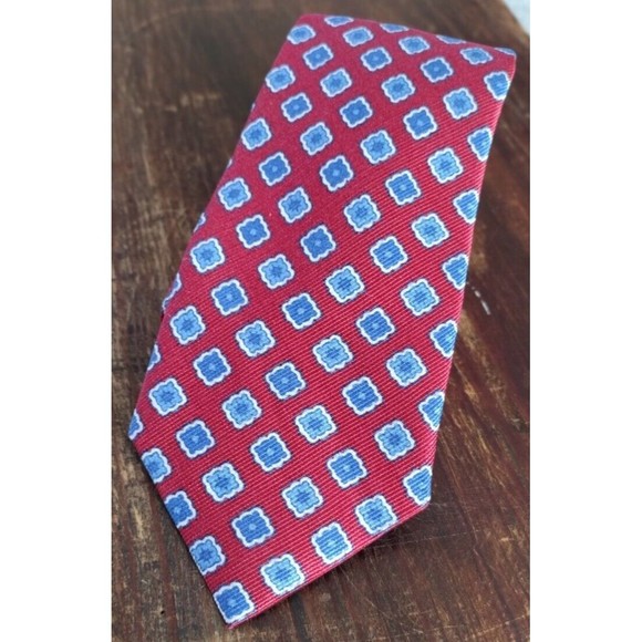 100% Silk Necktie Floral Square Print Roundtree & Yorke Mens Red Blue White - Picture 10 of 10